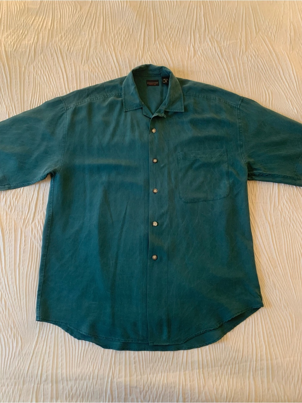 Vintage Structure Lightweight Hunter Green 100% Silk Camp Collar Shirt, size M